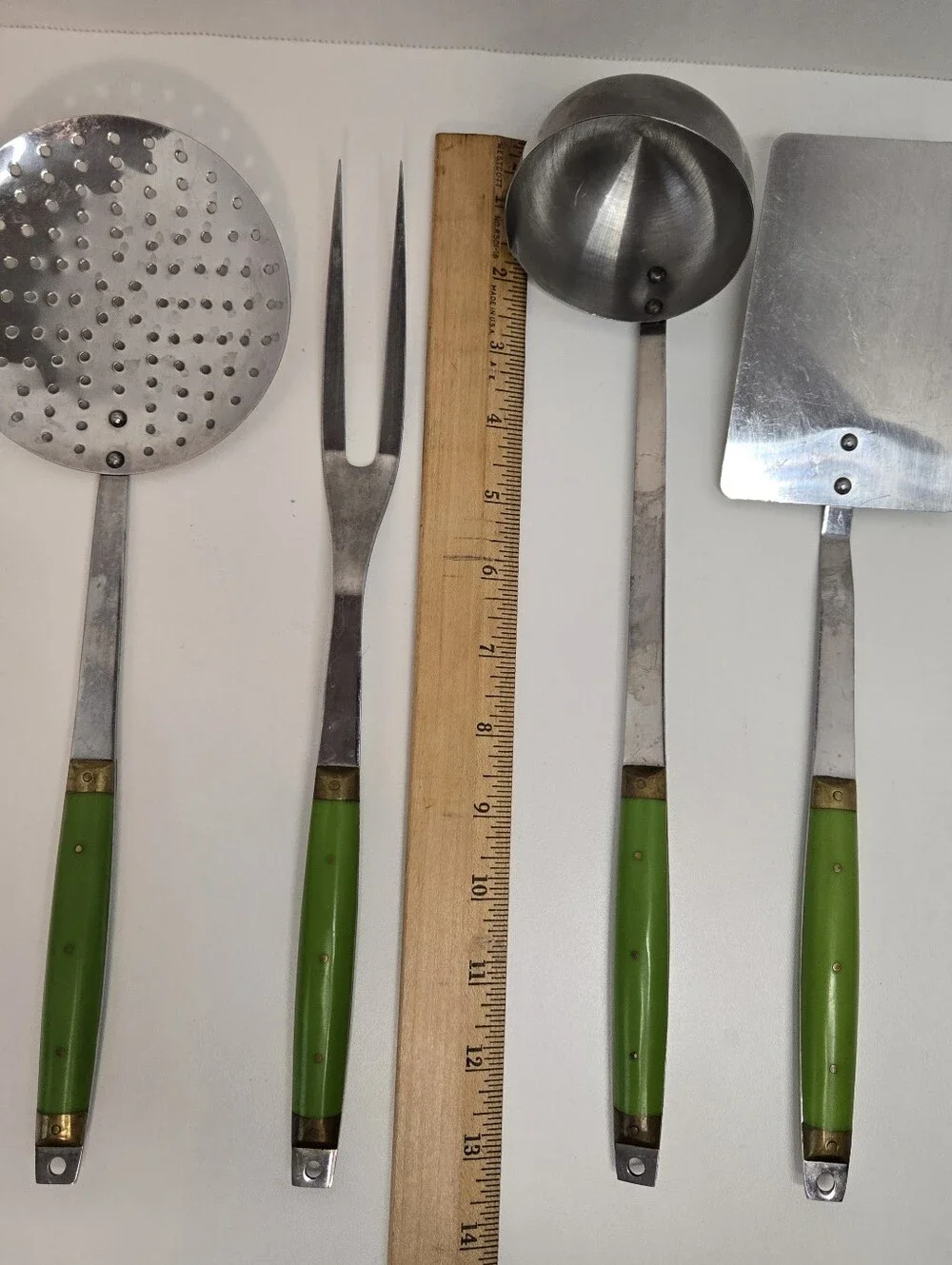 Vintage Styson Stainless Steel Kitchen Utensil Set MCM Japan Green Brass Accents